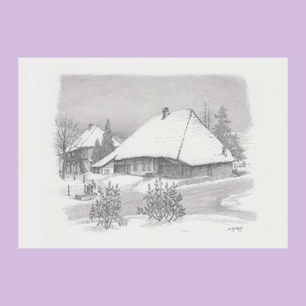 Kunstdruckkarte ehemaliges Strohhaus Oberdorfschulhaus Gränichen A Byland 1979