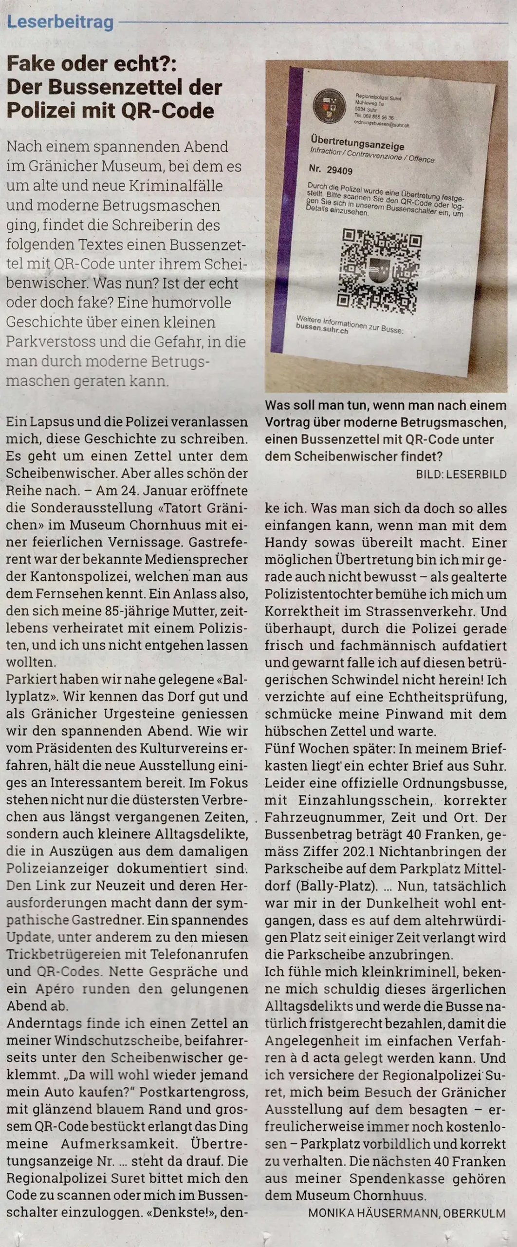 Zeitungsausschnitt mit Leserbeitrag über Betrugsmaschen mit QR-Code im Museum Chornhuus Gränichen