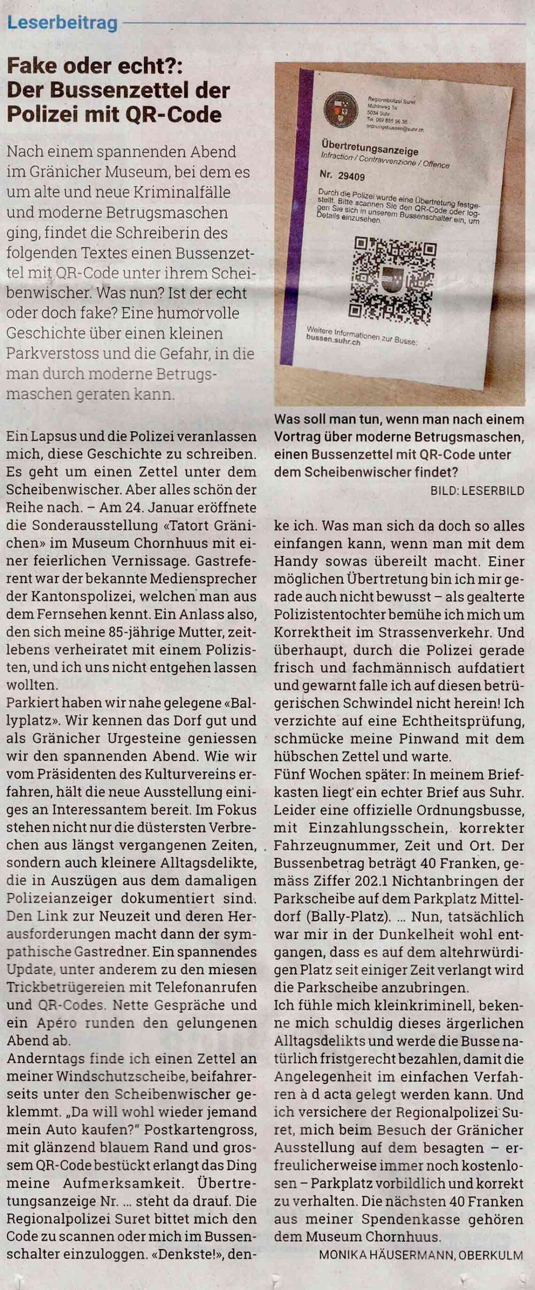 Zeitungsartikel des Landanzeigers vom 20. März 2025. Humorfoller Leserbeitrag über die Geschehnisse des Abends, an welchem der den Verein Museumchornhuus und die neue Ausstellung ‘Tatort Gränichen’ eröffnete. Der Artikel ist auf einer Zeitung abgebildet.