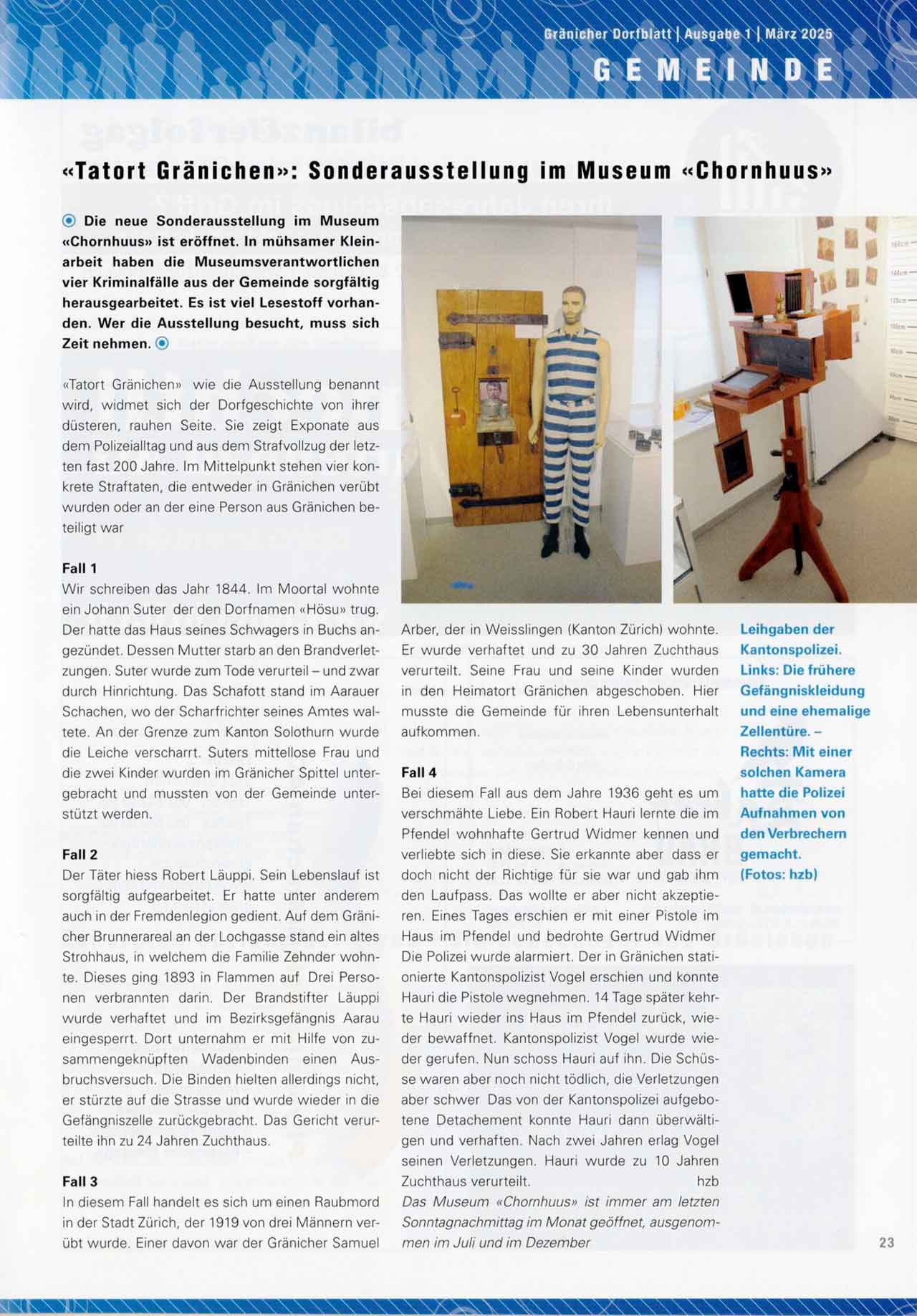 Zeitungsartikel Gränicher Dorfblatt vom März 2025, der die neue Ausstellung ‘Tatort Gränichen’ beschreibt.