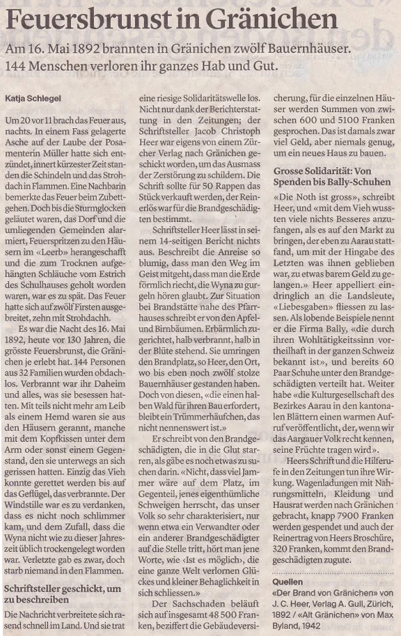Zeitungsartikel aus der Aargauer Zeitung mit dem Titel Feuersbrunst in Gränichen, vom 16.Mai 2022