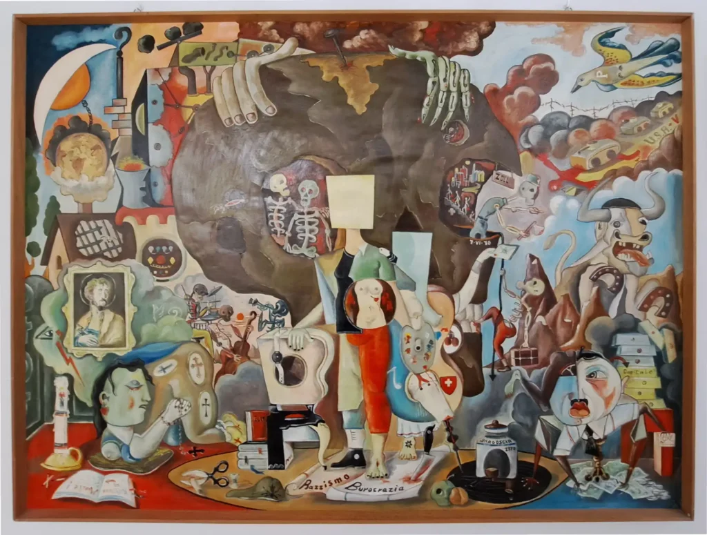 Grossformatiges Gemälde von Silvano Bardoscia mit zahlreichen Figuren, Gesichtern, Tieren und symbolischen Motiven.